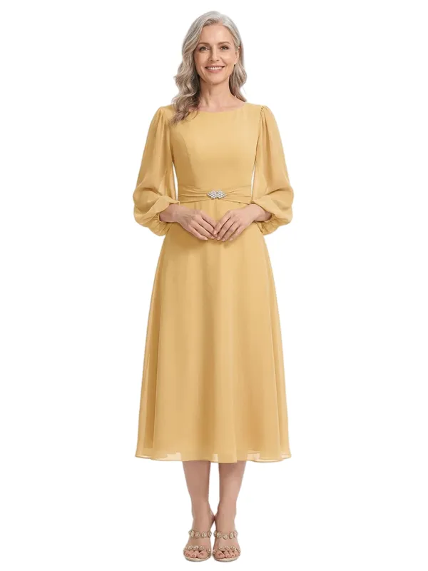 ChicSew Scoop 3/4 Sleeve Rhinestone Waist Tea Length Chiffon Mother Of The Bride And Groom Dresses made by ChicSew