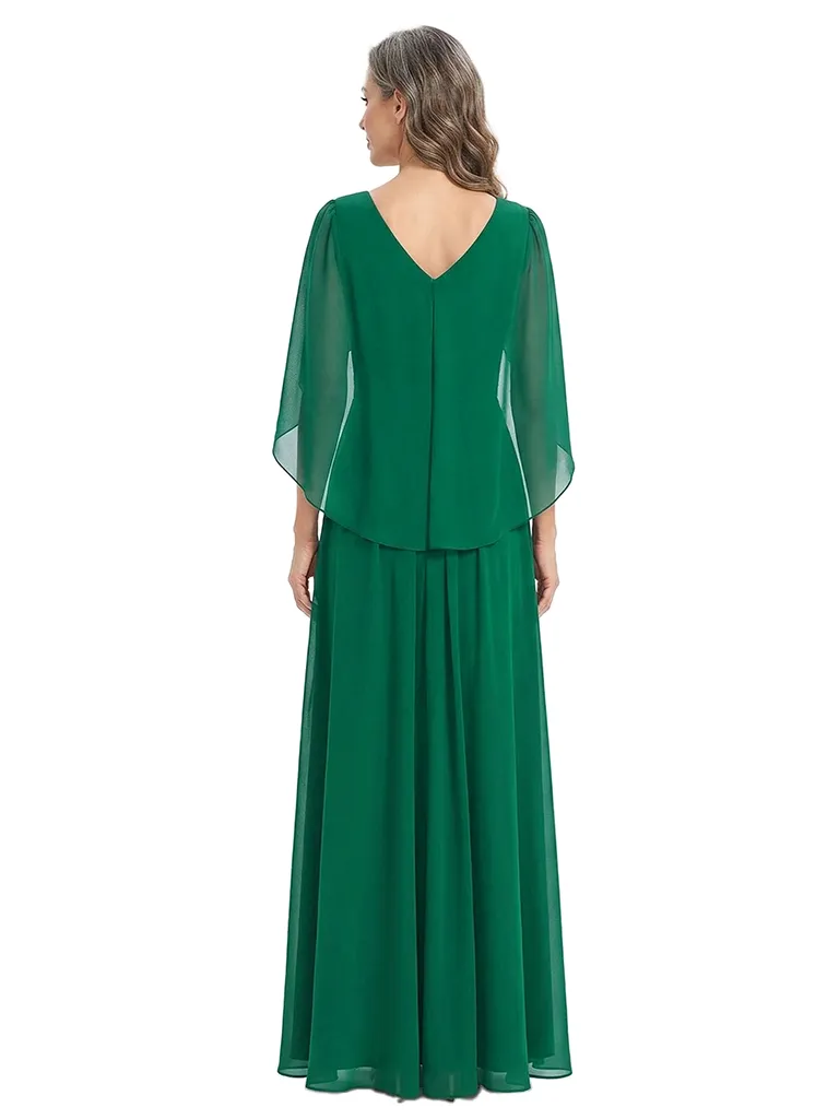 ChicSew V-Neck Cape Sleeve Ruched Waist Floor Length Chiffon Romantic Mom Of The Groom Dresses sold by ChicSew product image thumbnail 3