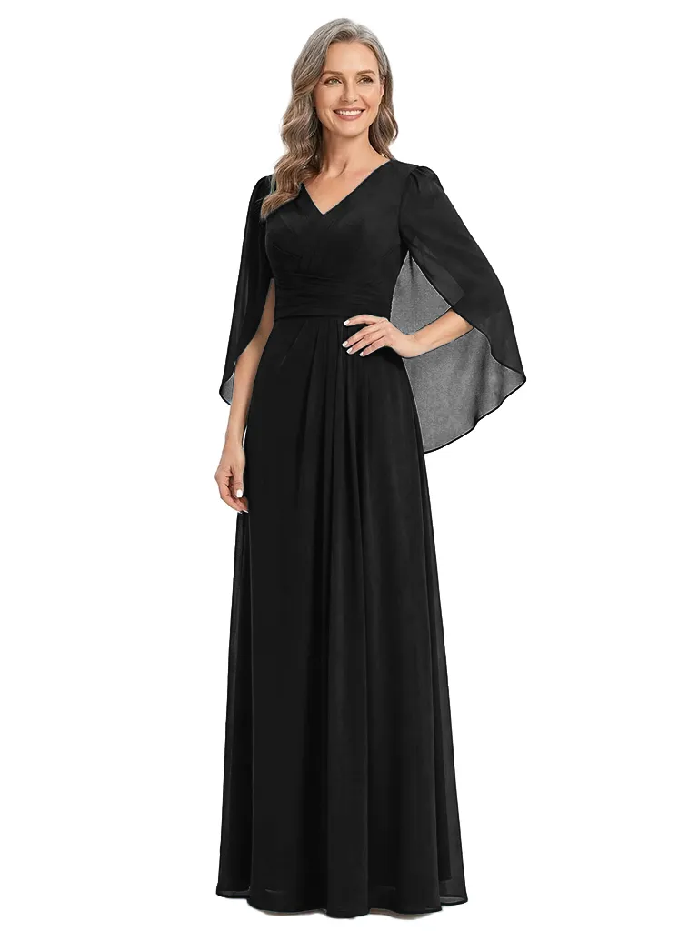 ChicSew V-Neck Cape Sleeve Ruched Waist Floor Length Chiffon Romantic Mom Of The Groom Dresses sold by ChicSew product image thumbnail 4