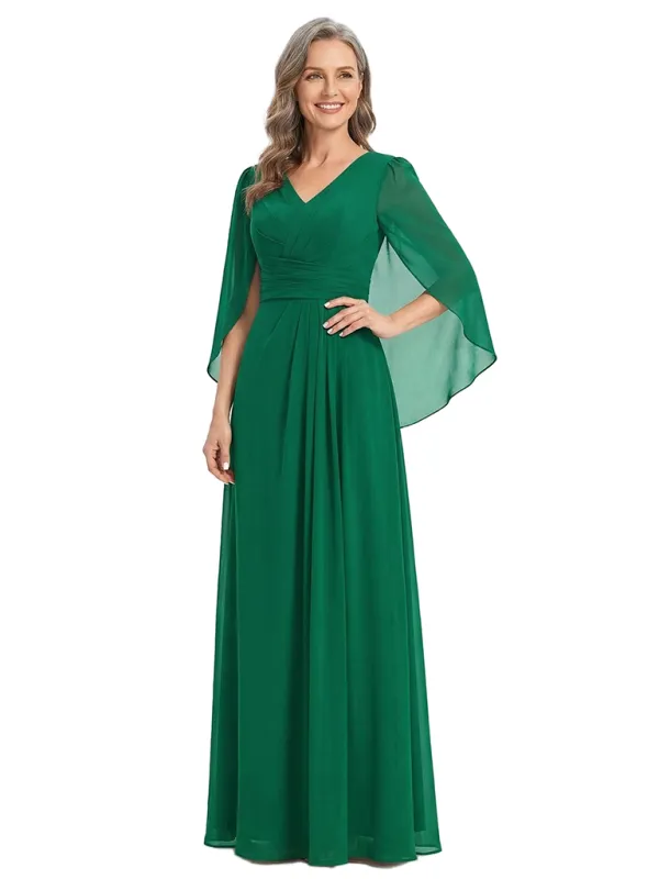 ChicSew V-Neck Cape Sleeve Ruched Waist Floor Length Chiffon Romantic Mom Of The Groom Dresses made by ChicSew