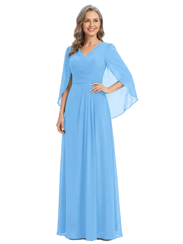 ChicSew V-Neck Cape Sleeve Ruched Waist Floor Length Chiffon Romantic Mom Of The Groom Dresses sold by ChicSew product image thumbnail 5