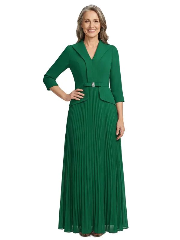 ChicSew V-Neck Long Sleeve Pleated Skirt Long Chiffon Mother Of The Bride And Groom Dresses made by ChicSew