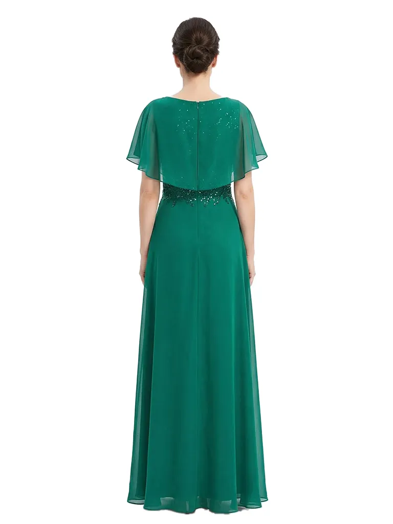 ChicSew Round Neck Flutter Sleeve Beaded Lace Applique Floor Length Chiffon Elegant Mother of the Bride Dresses sold by ChicSew product image thumbnail 3