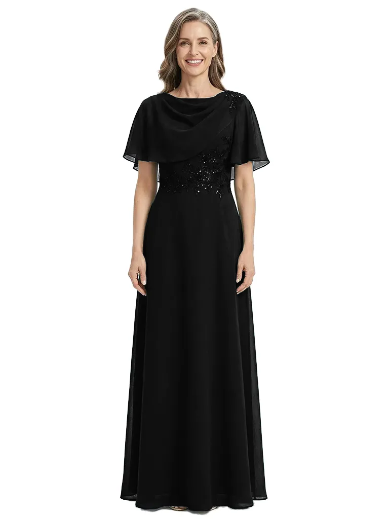 ChicSew Round Neck Flutter Sleeve Beaded Lace Applique Floor Length Chiffon Elegant Mother of the Bride Dresses sold by ChicSew product image thumbnail 4