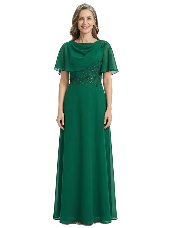 ChicSew Round Neck Flutter Sleeve Beaded Lace Applique Floor Length Chiffon Elegant Mother of the Bride Dresses made by ChicSew