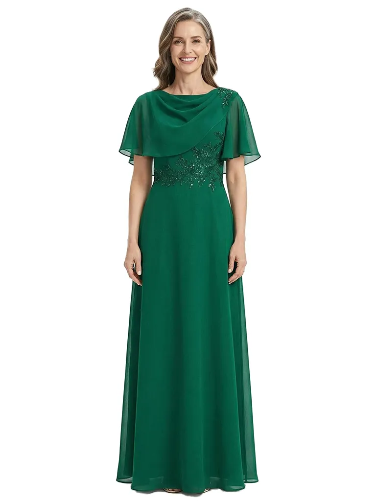 ChicSew Round Neck Flutter Sleeve Beaded Lace Applique Floor Length Chiffon Elegant Mother of the Bride Dresses sold by ChicSew