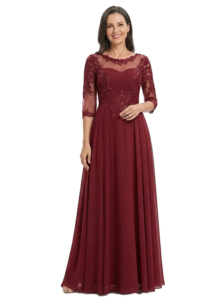 ChicSew Modern Illusion A-Line Mother Of The Groom Gowns Lace Applique Chiffon Floor Length sold by ChicSew