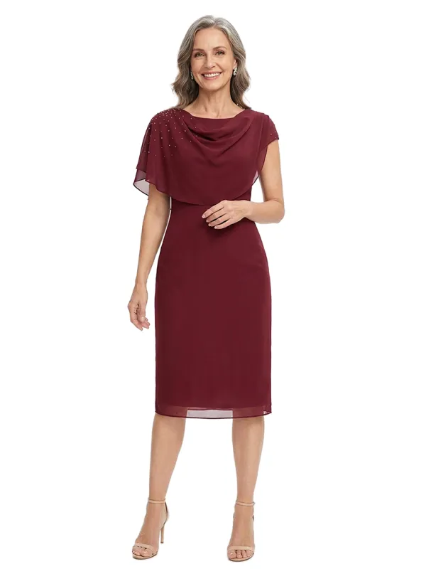 ChicSew Unique Cowl Neck Tea Length Chiffon Mother Of The Bride Dresses Beaded Cape Sleeve made by ChicSew