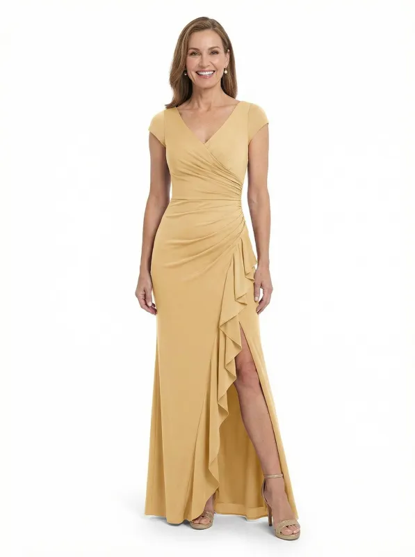 ChicSew V-Neck Cap Sleeve Ruffle Slit Detail Floor Length Stretchy Crepe Mother Of The Bride And Groom Dresses made by ChicSew