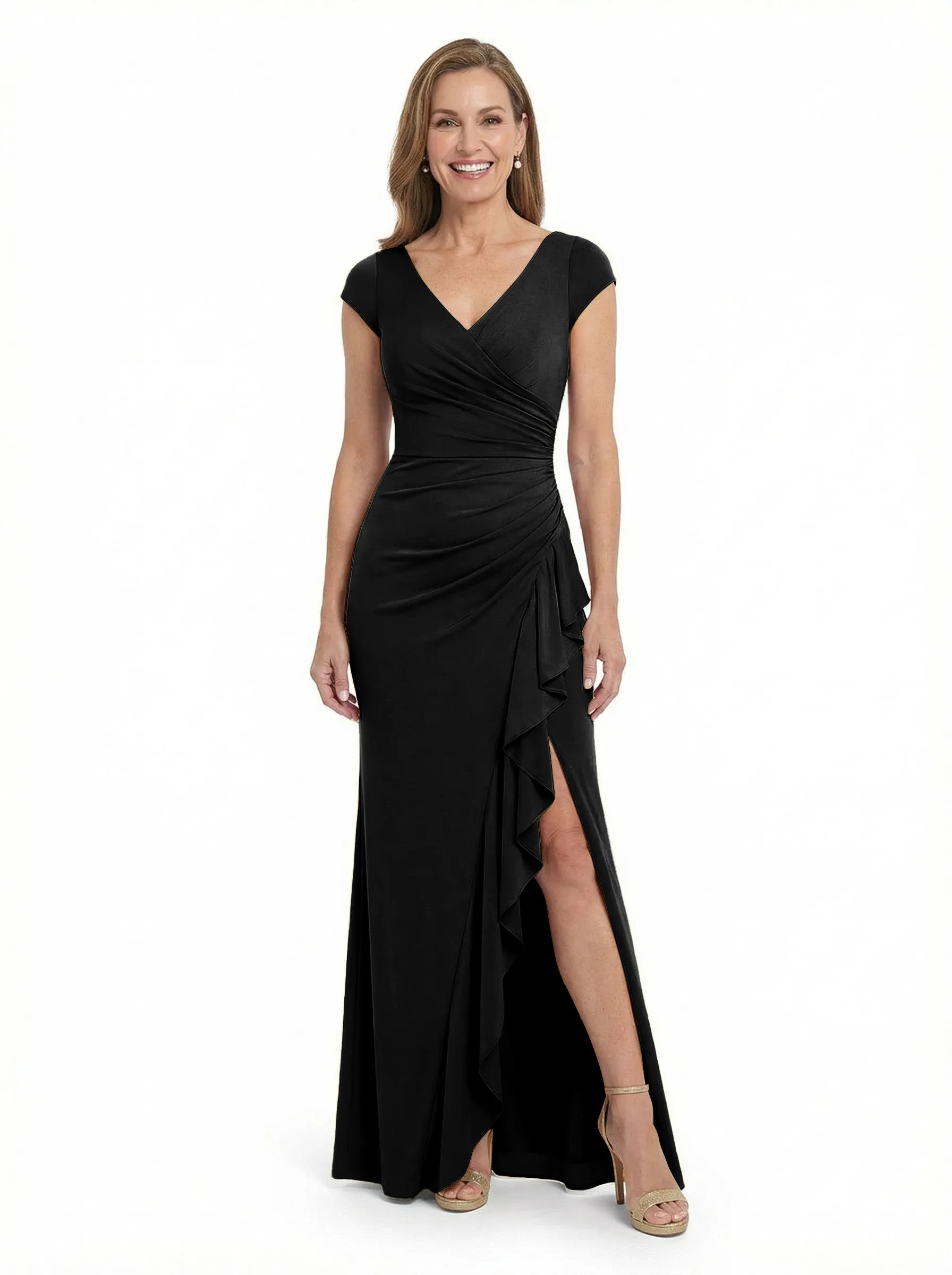 ChicSew V-Neck Cap Sleeve Ruffle Slit Detail Floor Length Stretchy Crepe Mother Of The Bride And Groom Dresses sold by ChicSew product image thumbnail 5