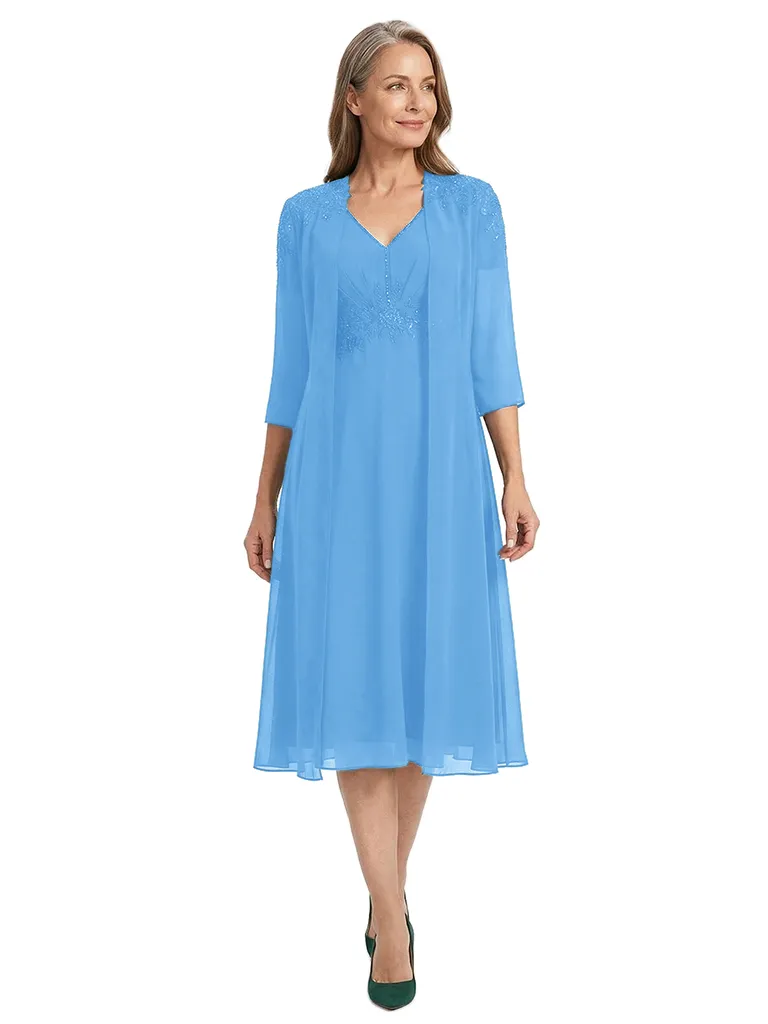 ChicSew Classy A-Line Mother Of The Groom Dresses With Jacket V-Neck Chiffon Tea-Length Applique Gown sold by ChicSew product image thumbnail 5