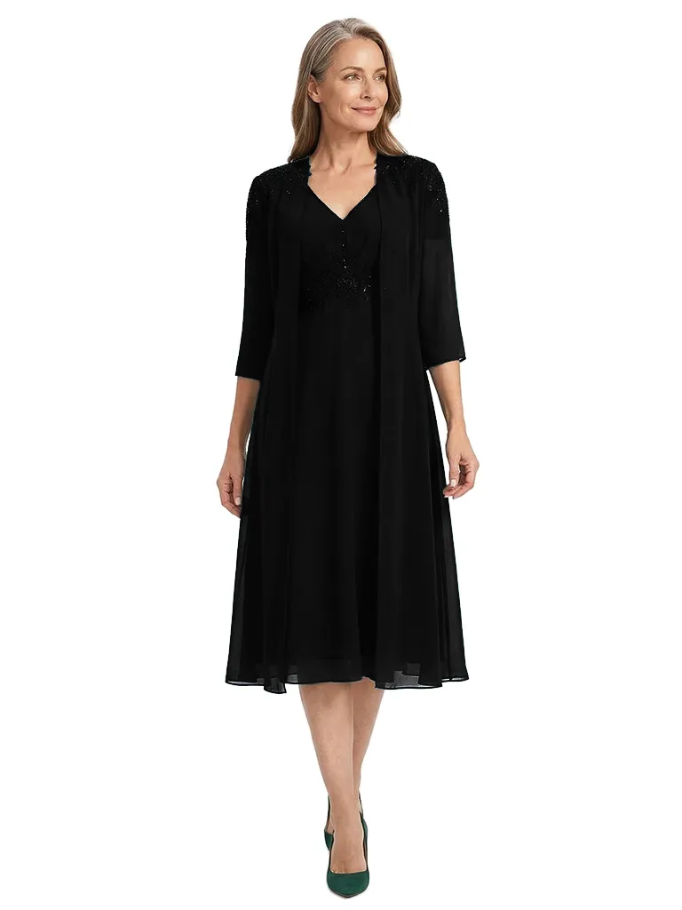 ChicSew Classy A-Line Mother Of The Groom Dresses With Jacket V-Neck Chiffon Tea-Length Applique Gown sold by ChicSew product image thumbnail 4