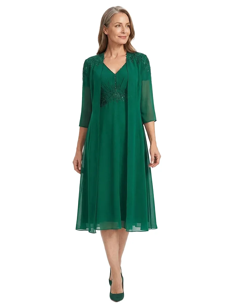 ChicSew Classy A-Line Mother Of The Groom Dresses With Jacket V-Neck Chiffon Tea-Length Applique Gown sold by ChicSew