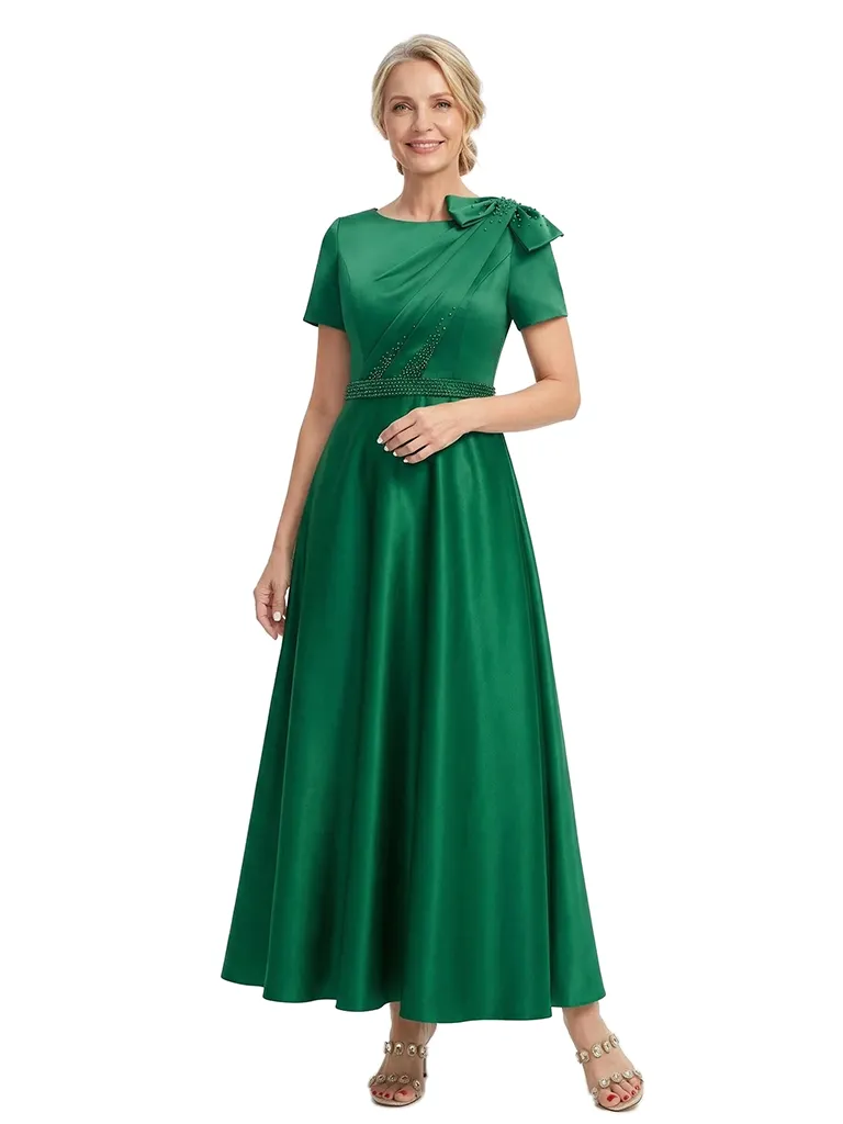 ChicSew Elegant A-Line Beaded Mother Of The Bride Dresses Short Sleeves Silky Satin Beaded Formal Gown sold by ChicSew