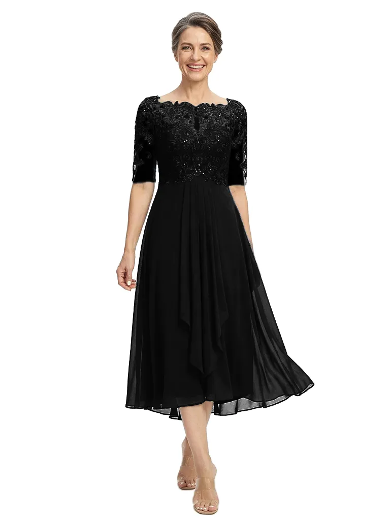 ChicSew Jewel Half Sleeve Lace Ruched Tea Length Chiffon Mother Of The Bride Dresses sold by ChicSew product image thumbnail 4