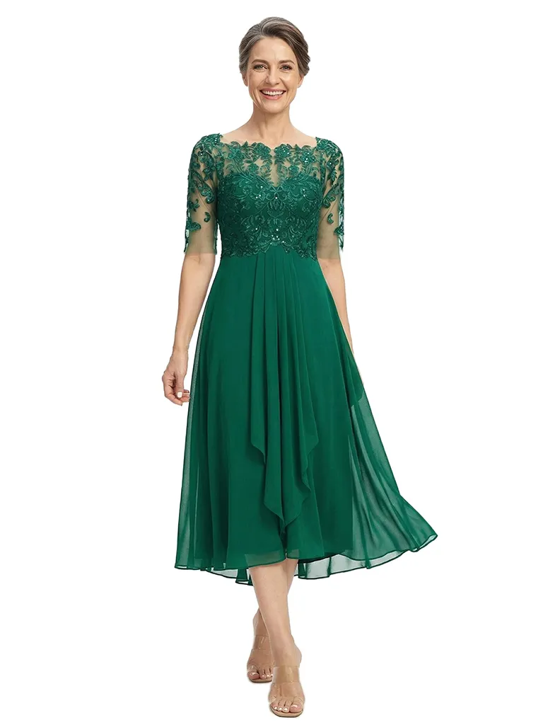 ChicSew Jewel Half Sleeve Lace Ruched Tea Length Chiffon Mother Of The Bride Dresses sold by ChicSew