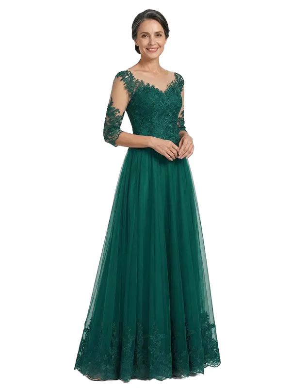ChicSew Modern Lace Tulle A-Line Jewel 3/4 Sleeves Floor-Length Mother Of The Bride Gowns made by ChicSew