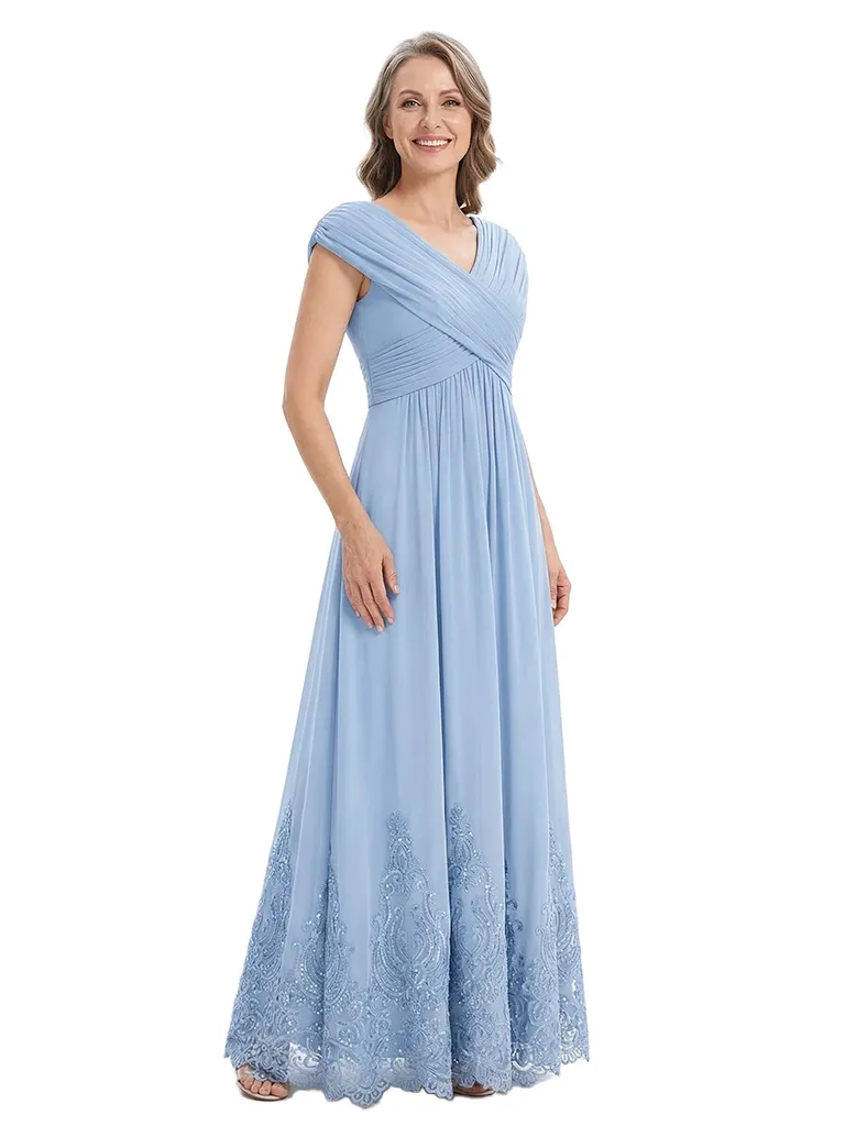 ChicSew V-Neck Cap Sleeves Lace Chiffon A-Line Mother Of The Bride Long Dress sold by ChicSew
