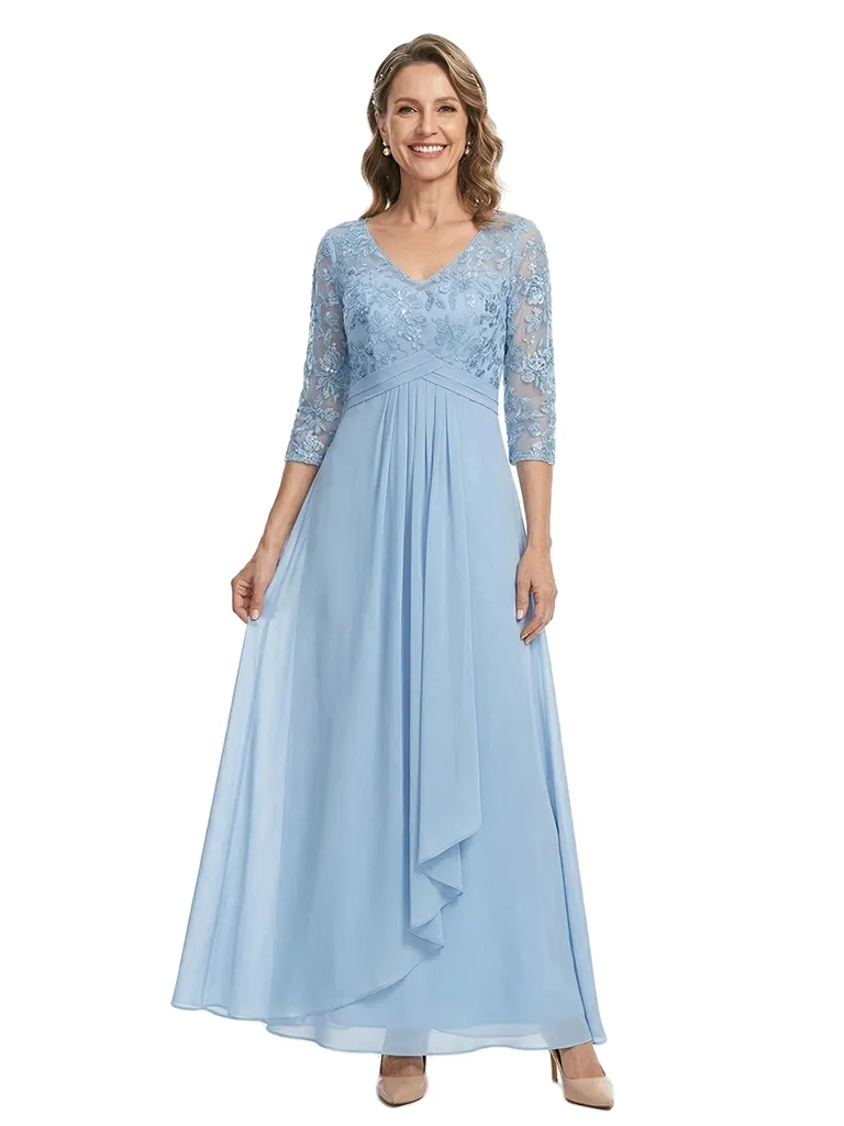 ChicSew Classy V-Neck Ruched Chiffon Lace Long Sleeve Mother Of The Bride Dresses sold by ChicSew