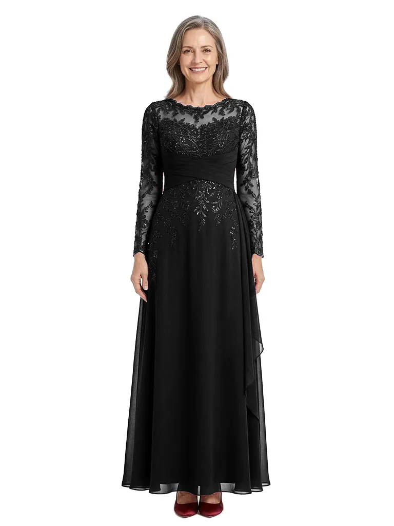 ChicSew Jewel Long Sheer Sleeve Lace Applique Ruched Waist Floor Length Chiffon Romantic Mom Of The Groom Dresses sold by ChicSew product image thumbnail 4