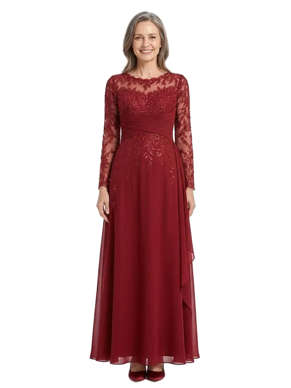 ChicSew Jewel Long Sheer Sleeve Lace Applique Ruched Waist Floor Length Chiffon Romantic Mom Of The Groom Dresses made by ChicSew