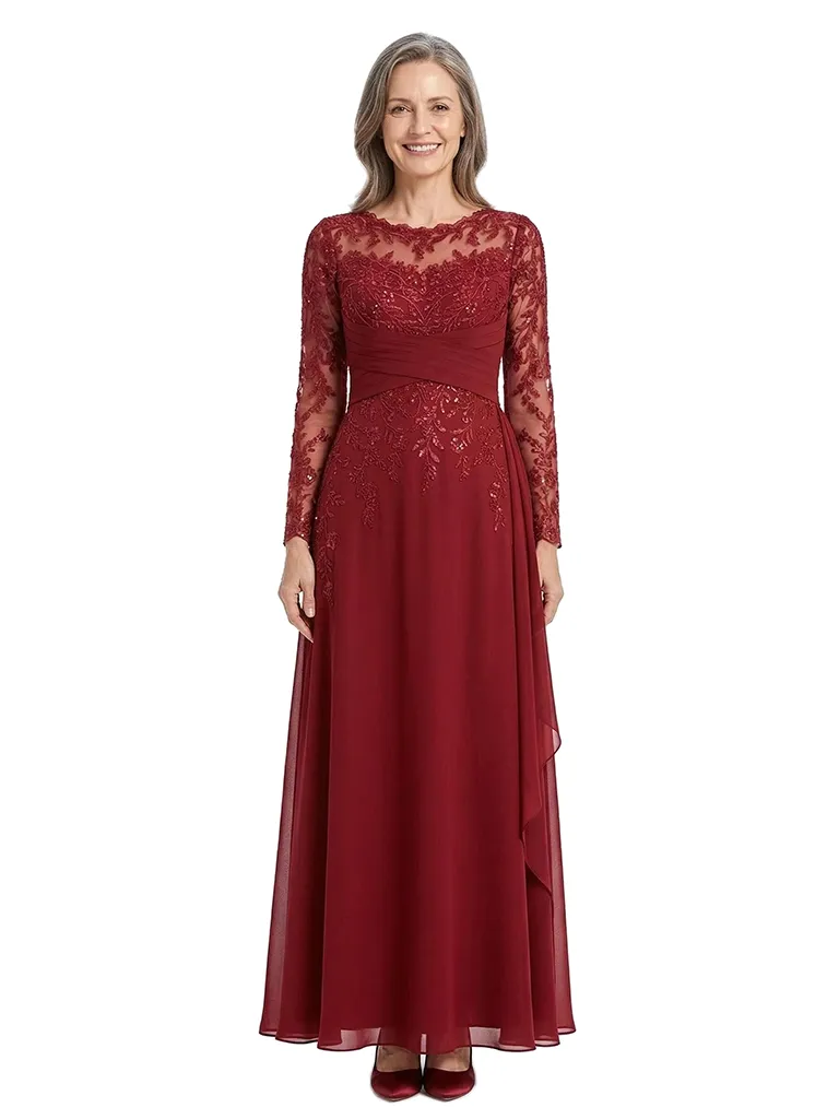 ChicSew Jewel Long Sheer Sleeve Lace Applique Ruched Waist Floor Length Chiffon Romantic Mom Of The Groom Dresses sold by ChicSew