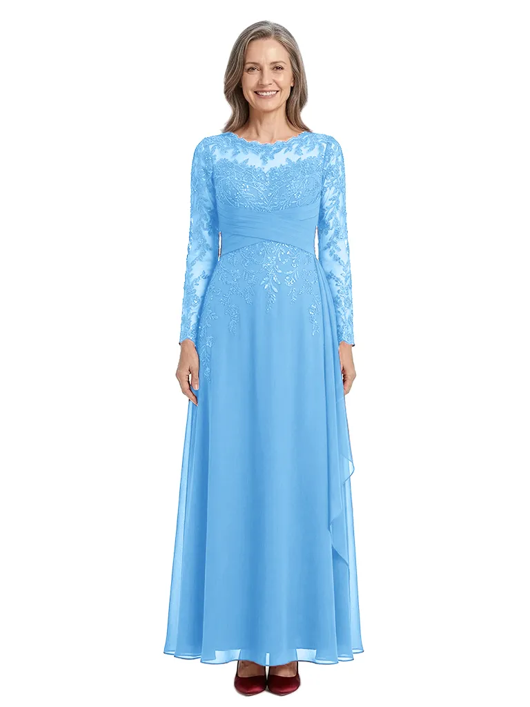 ChicSew Jewel Long Sheer Sleeve Lace Applique Ruched Waist Floor Length Chiffon Romantic Mom Of The Groom Dresses sold by ChicSew product image thumbnail 5