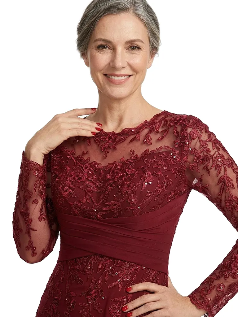 ChicSew Jewel Long Sheer Sleeve Lace Applique Ruched Waist Floor Length Chiffon Romantic Mom Of The Groom Dresses sold by ChicSew product image thumbnail 2