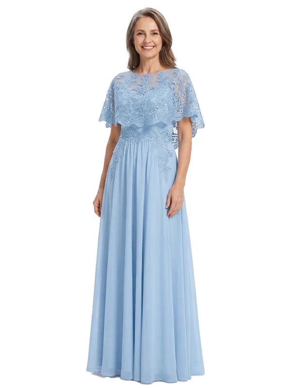 ChicSew Round Neck Cape Sleeve Beaded Lace Applique Floor Length Chiffon Elegant Mother of the Bride Dresses made by ChicSew