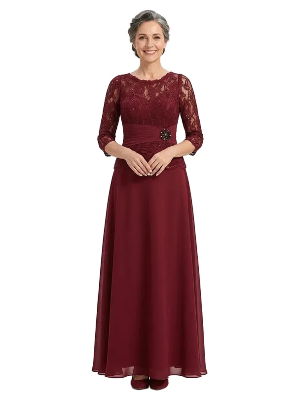 ChicSew Jewel 3/4 Sleeve Lace Bodice Rhinestone Waist Floor Length Chiffon Formal Mother Of The Bride And Groom Dresses made by ChicSew
