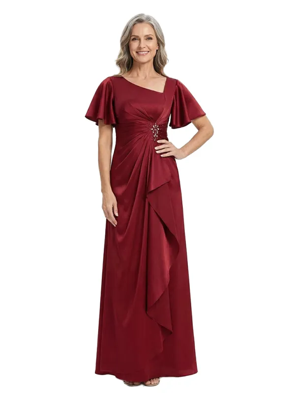 ChicSew Unique Asymmetrical Neckline Silky Satin Ruffle A-Line Mother Of The Bride Gown With Flutter Sleeves made by ChicSew