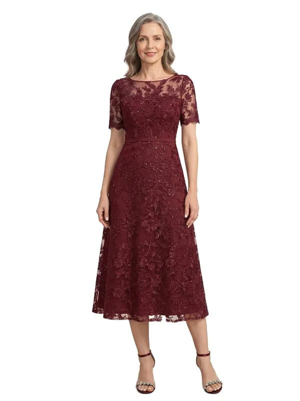 ChicSew Classy Lace A-Line Midi Mother Of The Bride Dress With Short Sleeves Illusion Neckline made by ChicSew