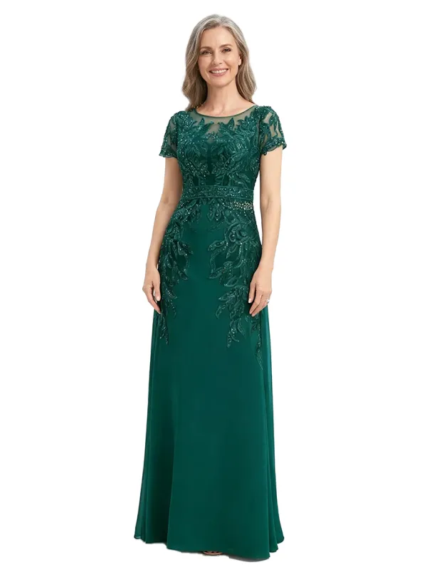 ChicSew Modern Beaded Lace Applique Mother Of The Bride Gown With Illusion Neckline Short Sleeves made by ChicSew