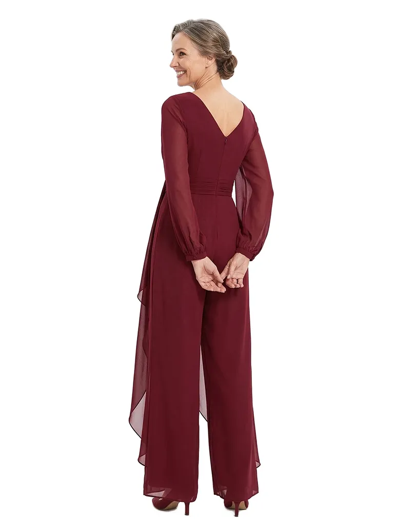 ChicSew V-Neck Chiffon Mother Of The Groom Jumpsuit With Sheer Overlay And Long Sleeves sold by ChicSew product image thumbnail 3
