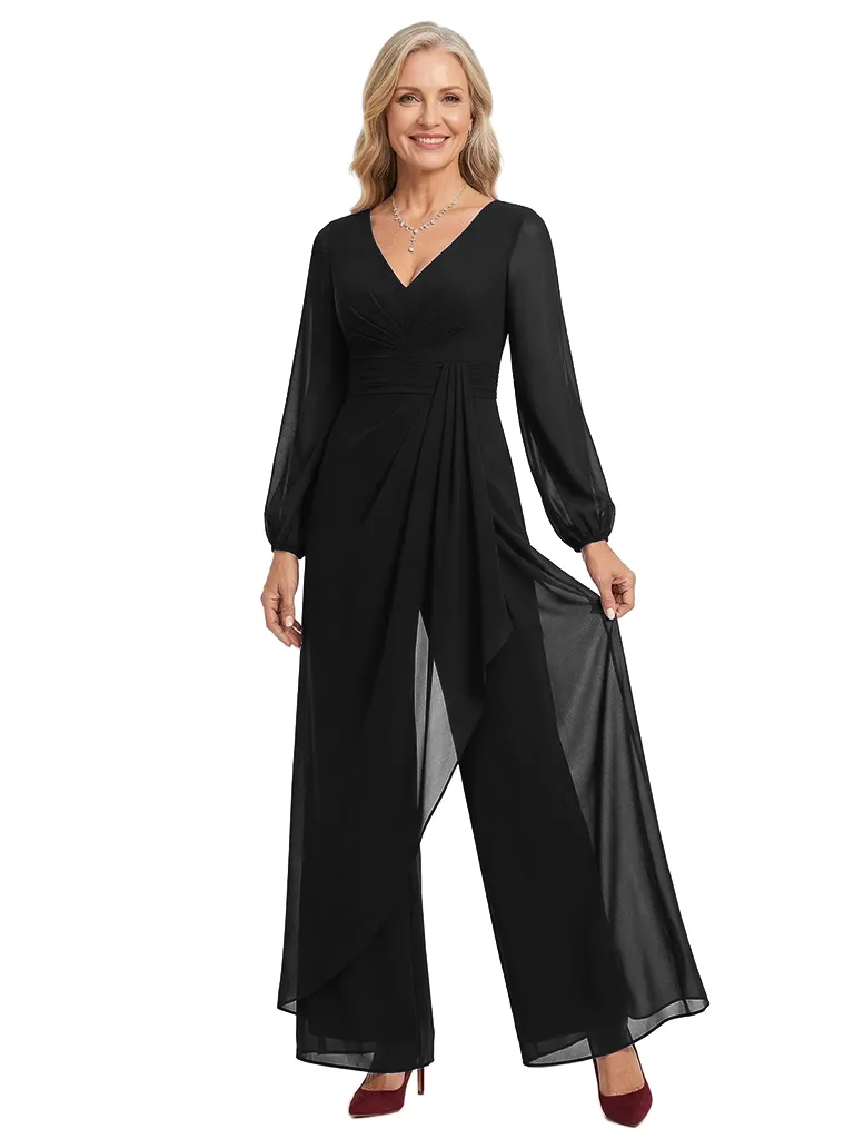 ChicSew V-Neck Chiffon Mother Of The Groom Jumpsuit With Sheer Overlay And Long Sleeves sold by ChicSew product image thumbnail 4