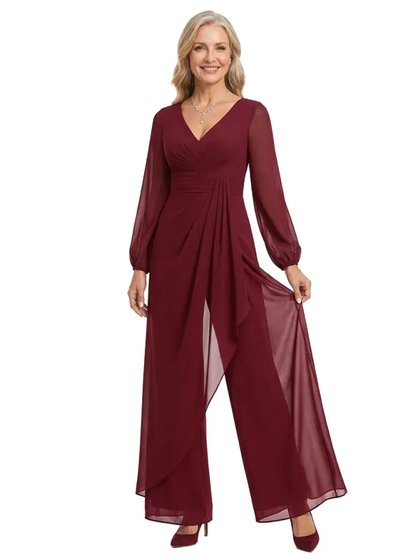 ChicSew V-Neck Chiffon Mother Of The Groom Jumpsuit With Sheer Overlay And Long Sleeves made by ChicSew