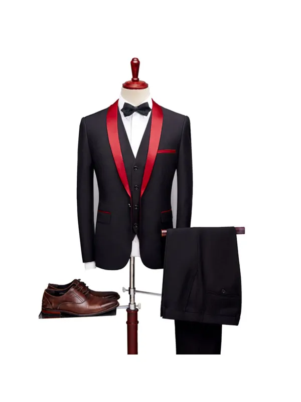 Black Red Classic 3 Piece Men's Suit with Regular Fit and Sophisticated Peak Lapel CN544 made by ChicSew