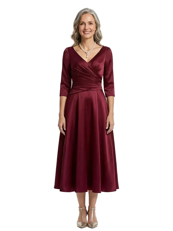 ChicSew Long Sleeve Ruched Satin Tea-Length Mother Of The Bride Dress With V-Neck made by ChicSew