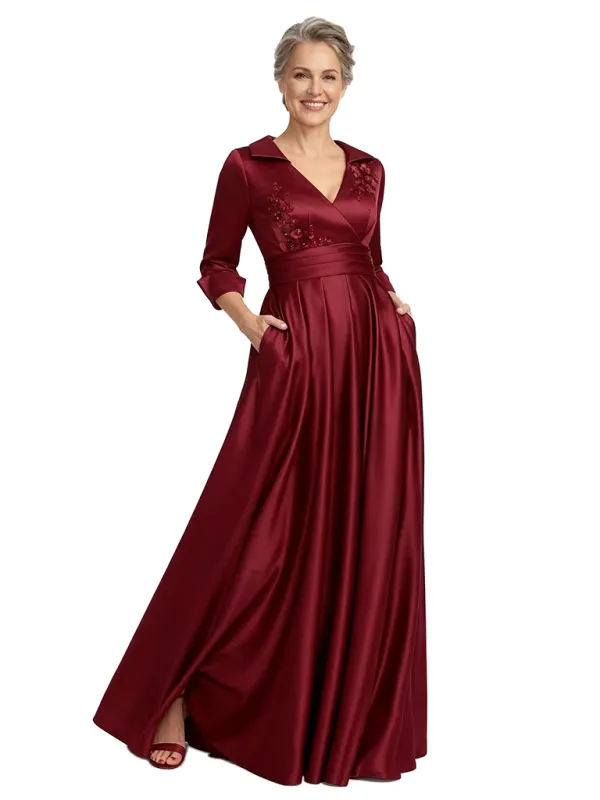 ChicSew Classy V-Neck Satin A-Line Mother Of The Groom Gown With Floral Applique Long Sleeves made by ChicSew
