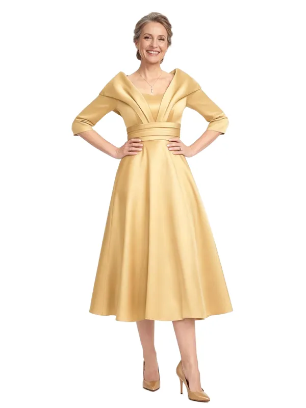 ChicSew Elegant Silky Satin A-Line Tea-Length Mother Of The Bride Dress With Half Sleeves made by ChicSew