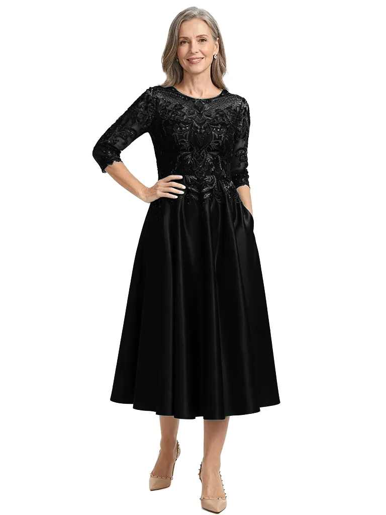 ChicSew Jewel 3/4 Sleeve Lace Applique Satin Tea Length Elegant Mother of the Bride Dresses sold by ChicSew product image thumbnail 4
