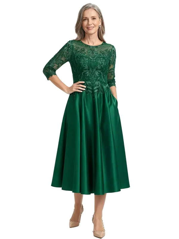 ChicSew Jewel 3/4 Sleeve Lace Applique Satin Tea Length Elegant Mother of the Bride Dresses made by ChicSew