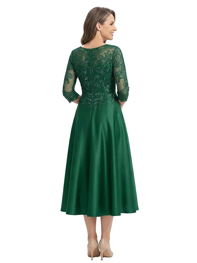 ChicSew Jewel 3/4 Sleeve Lace Applique Satin Tea Length Elegant Mother of the Bride Dresses sold by ChicSew product image thumbnail 3