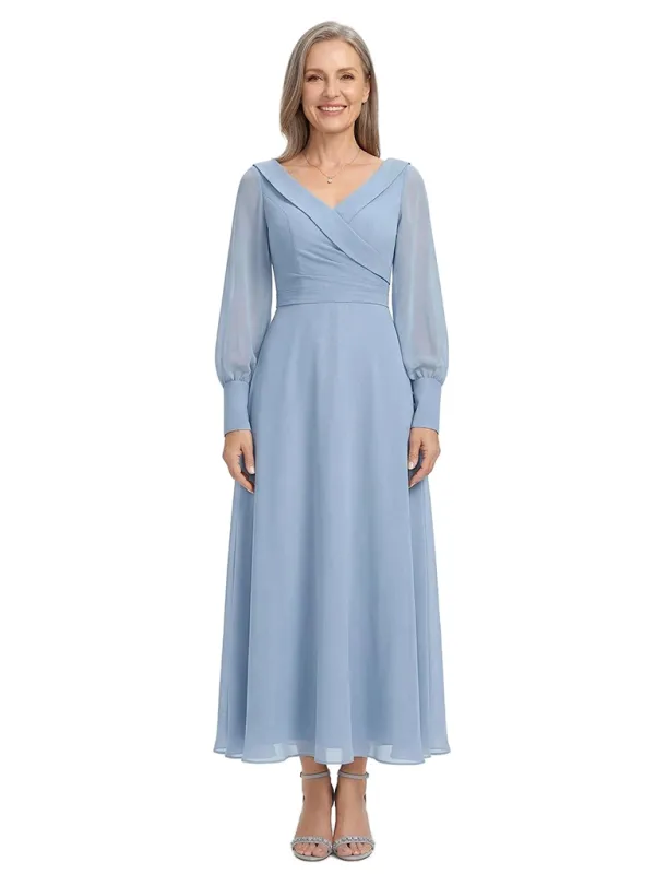 ChicSew Pretty Wrap V-Neck Mother Of The Bride Dress With Long Sleeves Chiffon Ankle-Length Gown made by ChicSew