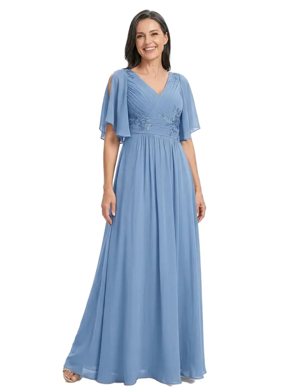 ChicSew Beautiful V-Neck Chiffon Mother Of The Bride Gown With Flutter Sleeves Lace Applique made by ChicSew