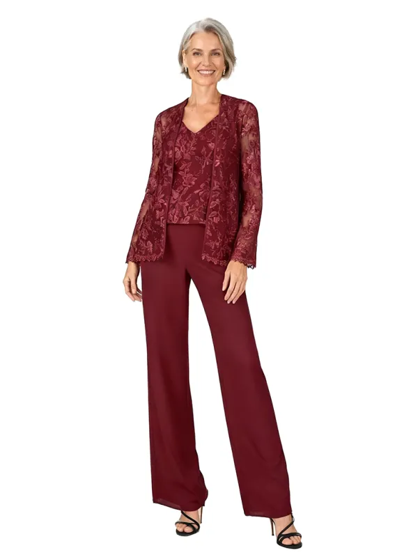 ChicSew V-Neck Long Sleeve Lace Bodice Pantsuits For Mother Of The Bride made by ChicSew