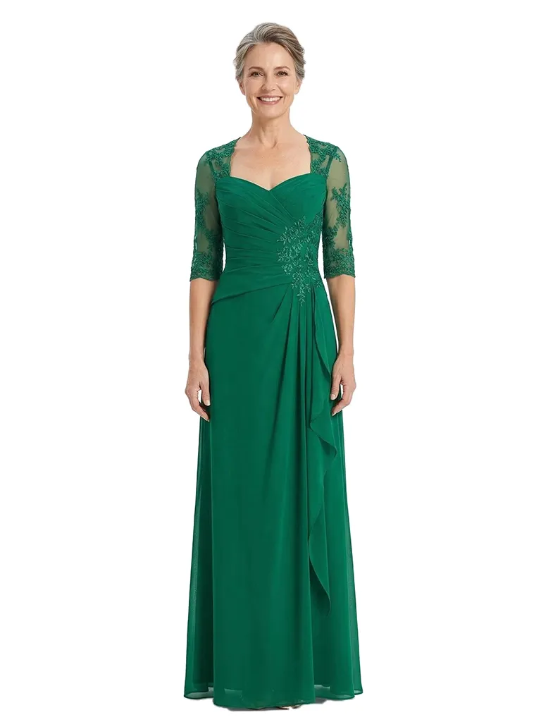 ChicSew Elegant Square Lace Half Sleeves Ruched Chiffon A-Line Mother Of The Groom Dress sold by ChicSew
