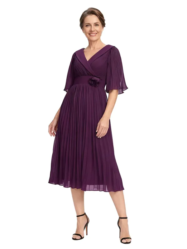 ChicSew V-Neck Half Sleeve Pleats Chiffon Mother Of The Groom Dress A-Line Tea-Length made by ChicSew