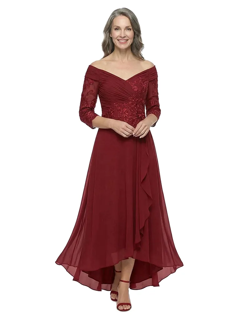ChicSew Off Shoulder Chiffon Lace Mother Of The Groom Dresses High-Low Ruffle Formal Gowns sold by ChicSew