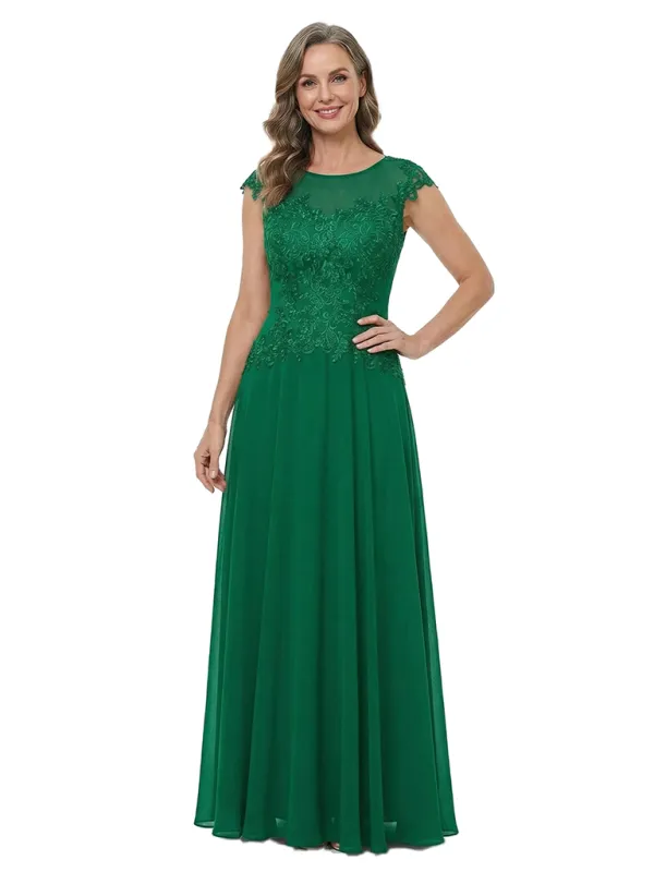 ChicSew Jewel Cap Sleeves Lace Appliques Floor Length Chiffon Sophisticated Mother Of The Bride And Groom Dresses made by ChicSew
